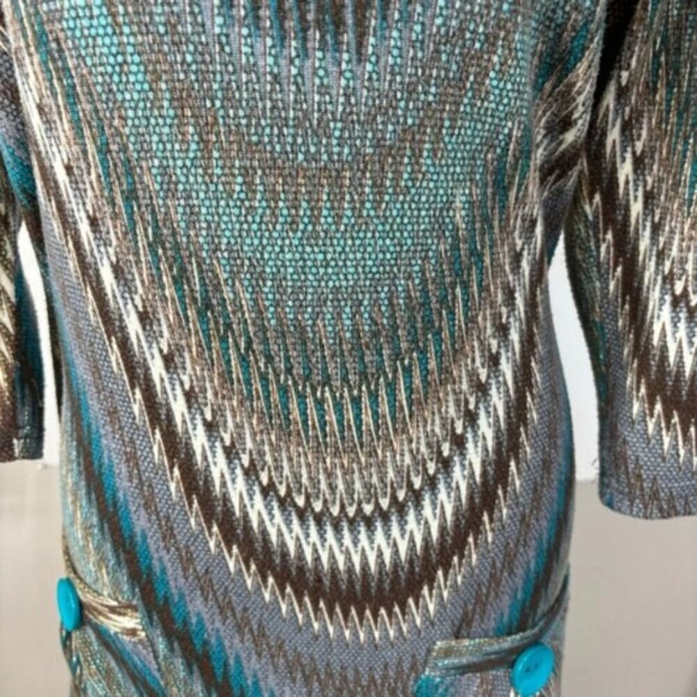 Papillon Dress Womens Large Knit Brown Turquoise 3/4 Sleeves - Picture 6 of 9